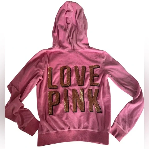 Y2K Victoria's Secret Love Pink Velour Hoodie bubblegum Pink Gold Sequin Medium - Picture 1 of 12